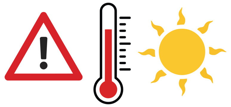 Caution summer concept vector illustration featuring high temperature warning sign, thermometer, hot weather indicators, heat stroke risk, and bright sun design elements, vector, designs