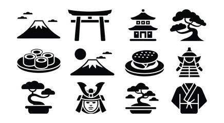 Japan themed icon collection with Mount Fuji, sushi rolls, torii shrine gate, and cultural heritage elements © MstMaya