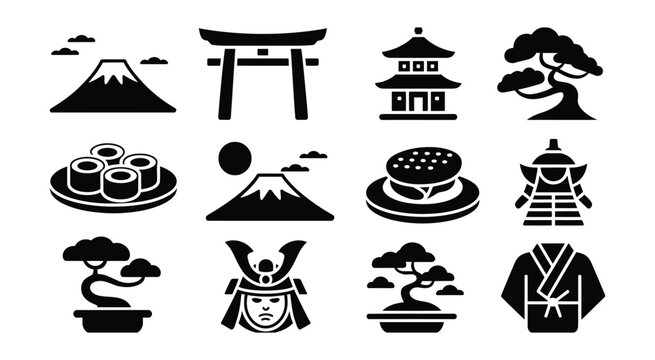 Japan themed icon collection with Mount Fuji, sushi rolls, torii shrine gate, and cultural heritage elements