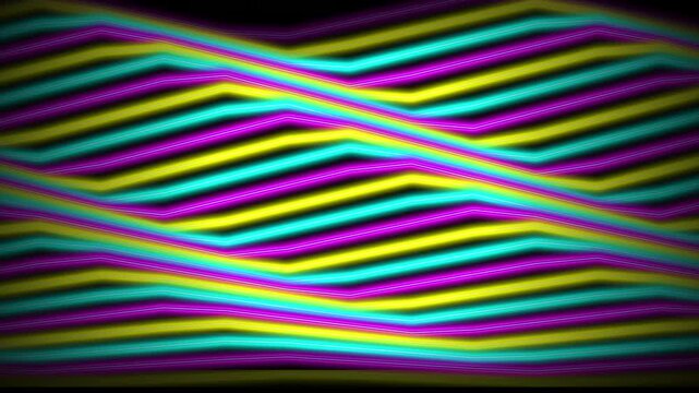 abstract neon wave pattern with glowing cyberpunk zigzag lines and vibrant motion, futuristic synthwave striped background with luminous colorful distortion and retro digital style 4k