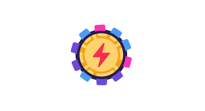 A Circular Logo With A Yellow Background And A Red Lightning Bolt In The