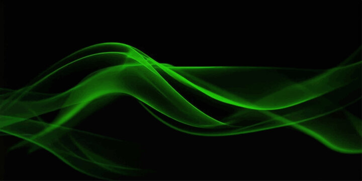 Abstract swirling green smoke forms elegant curves against a stark black background, creating a dynamic and ethereal visual effect.