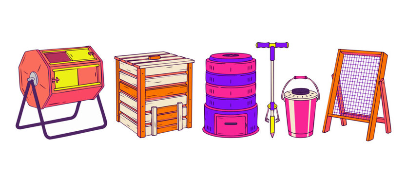 Composting Equipment Set for Recycling organic waste, featuring compost tumbler, wooden bin, aerator tool, kitchen caddy, and sifter screen. Flat vector illustration on white background, eco-friendly.