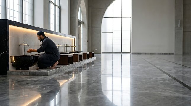 Muslim man performing ritual ablution in a modern mosque interior