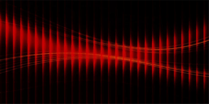 Abstract red and black sound wave pattern with glowing light effects and smooth lines, representing audio visualization or technology.
