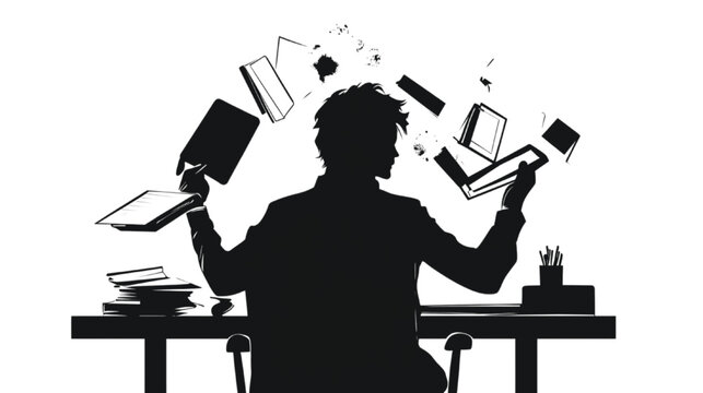 Student silhouette sits at a desk while books and study materials float around in the air.