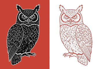 Obraz premium Vintage Owl Woodcut Illustrations: Set of Two Hand-Drawn Engravings of Great Horned Owls for Logos, Tattoos, and Branding