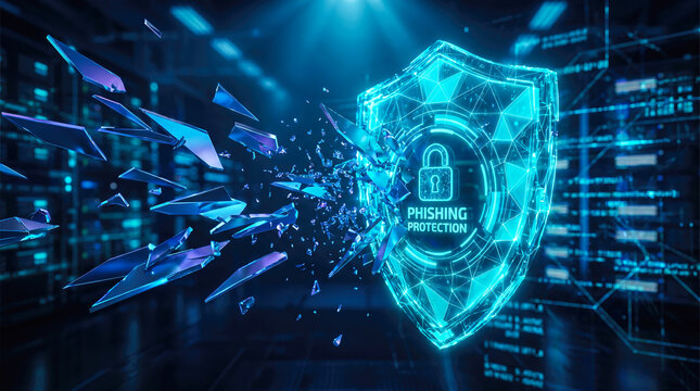 Glowing blue digital security shield deflecting dangerous shattered glass projectiles demonstrating active phishing protection protocol inside highly advanced modern data center