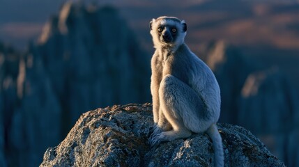 Fototapeta premium Tsingy de Bemaraha National Park. Madagascar. Lemur sits on a rock and looks around in a natural setting during daylight hours