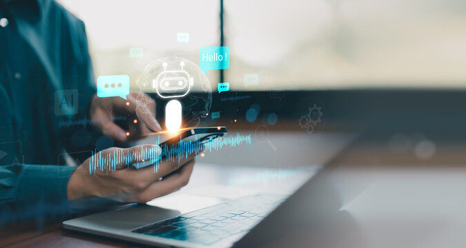 AI chatbot assistant concept with smartphone, voice recognition, conversational interface, machine learning, and digital communication. Smart automation technology enhancing customer support and
