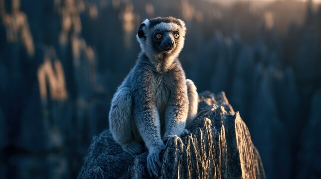 Tsingy de Bemaraha National Park. Madagascar.  Lemur sits on a rock in a rocky landscape during sunset with a focus on its eyes and fur