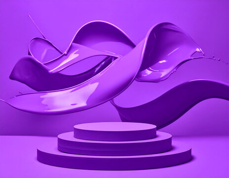 Vivid Purple Three Step Podium with Glossy Flowing Ribbon Shape on Purple Studio Background
