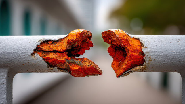 Close-up of broken rusted metal railing with split ends and exposed orange corrosion for safety inspection and repair background