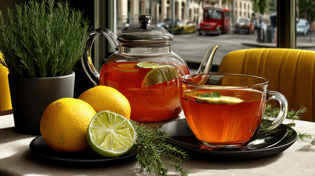 Citrus infused tea in glass teapot and cup with lime and rosemary on a cafe table by the window for urban banner and background design