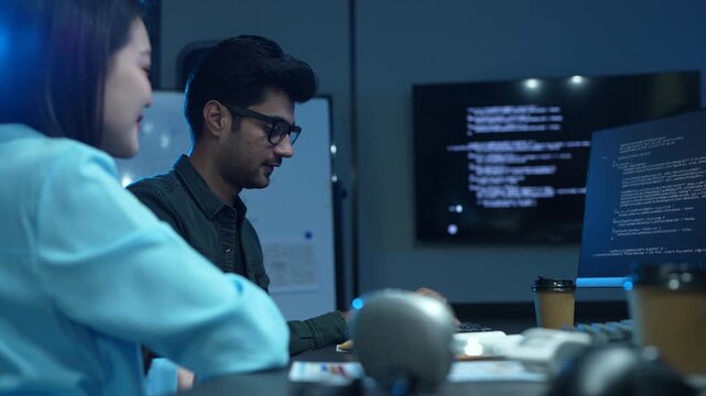 Professional IT specialist and programmer working on software development, Male developer talking with female colleague about computer code, Modern coding team and technology collaboration concept