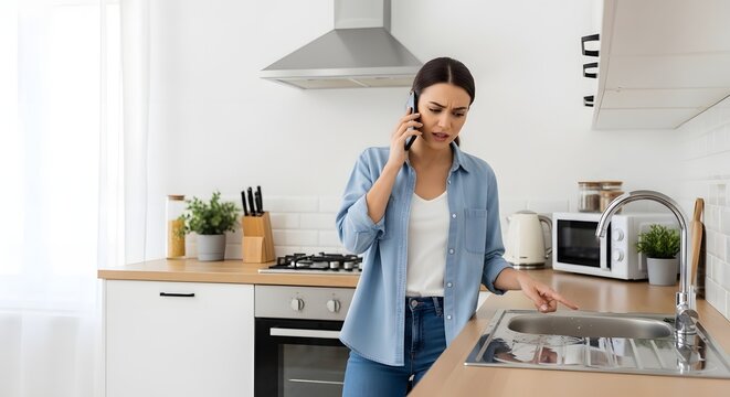 Young woman talking on phone in modern kitchen, looking at sink, possibly dealing with a plumbing issue or home repair.