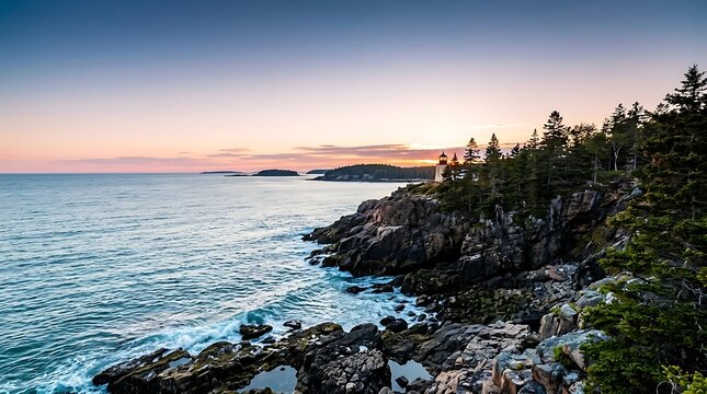 Scenic coastal sunset with a lighthouse on rocky cliffs