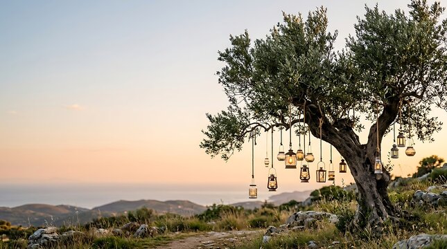 Lanterns hanging on an old olive tree during a golden sunset