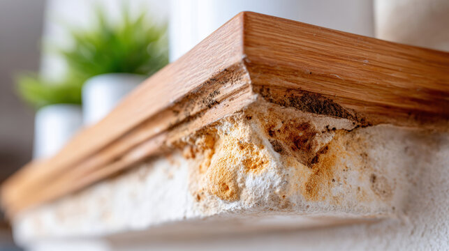 Closeup of mold and staining on wood shelf edge and plaster surface in a bathroom setting for home maintenance guide and repair background