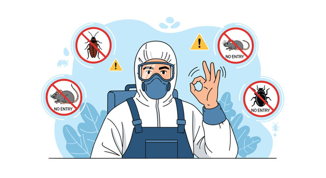 Pest control professional in a hazmat suit and mask showing an okay sign with icons of common household pests nearby.