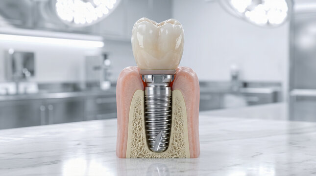 Professional detailed anatomical cross section showing modern metallic dental titanium implant successfully integrated within healthy human jaw bone inside bright clinical environment