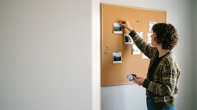 Woman pinning landscape photographs onto a corkboard at home