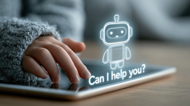 Hand touches tablet screen as chatbot appears with text asking if help is needed