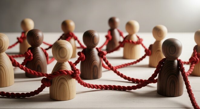 International friendship day concept wooden figures connected by red rope