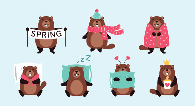 Collection of adorable groundhog characters in different poses including sleeping, wearing a scarf, and holding a spring sign.