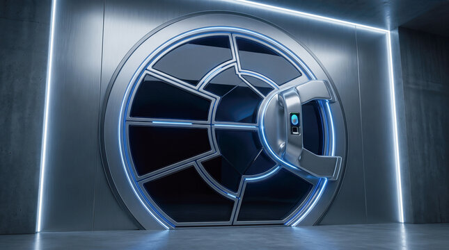 massive metallic bank vault door futuristic glowing blue neon secure storage concept solid steel lock mechanism wealth protection heavy concrete wall interior