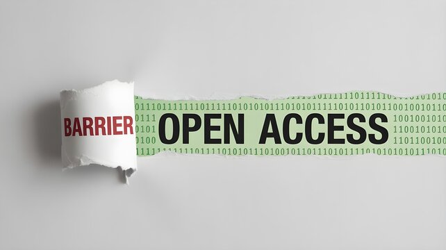 Torn paper revealing open access concept with binary code on green strip and barrier text on white background