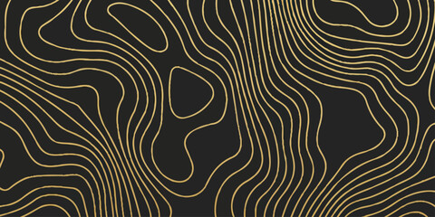 Abstract topographic lines in gold on a dark background create a visually striking and modern pattern, perfect for graphic design elements and backgrounds. © LumenCraft