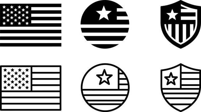 american flag icon silhouette collection with stars stripes and shield emblems set