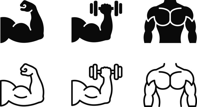 muscle icon set with black silhouette fitness poses and flexing body shapes vector