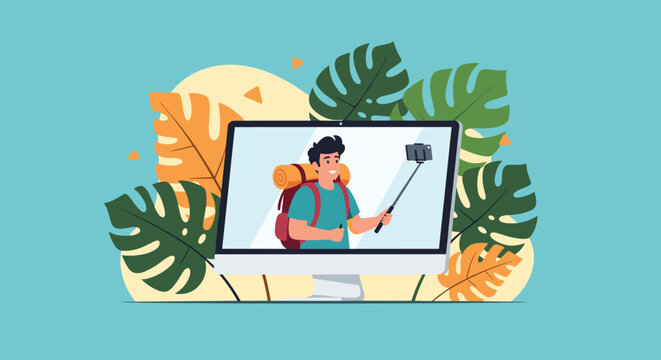 Digital computer monitor displaying a happy hiker taking a selfie with a stick in a lush tropical forest with large leaves.