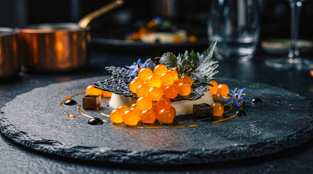 gourmet fine dining molecular gastronomy dish orange caviar spheres black tuile crispy garnish served on dark slate stone plate luxury restaurant meal