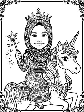 Muslim Princess in Hijab Riding a Unicorn Mandala Coloring Page