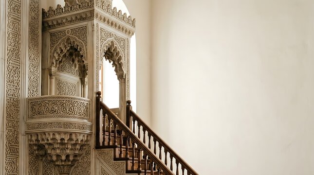 Ornate stone minbar with wooden stairs in a mosque interior