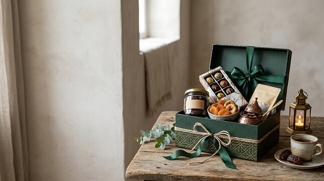 Elegant ramadan gift box with dates and sweets on a rustic table
