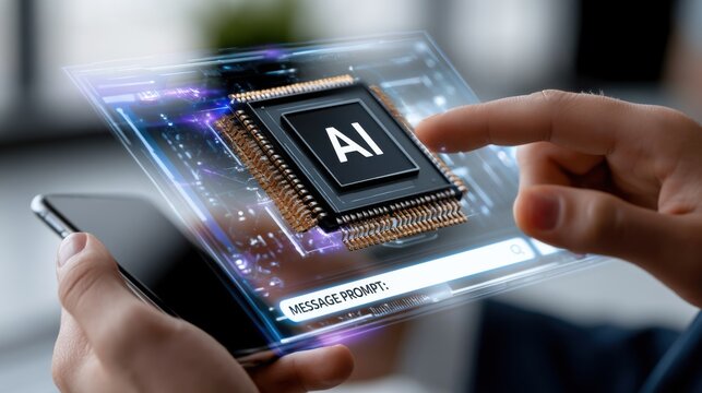 Hands interact with a digital display showing an AI chip on a smartphone screen during a technology demonstration