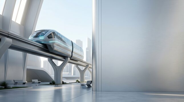 Modern high speed maglev train departing from a futuristic station