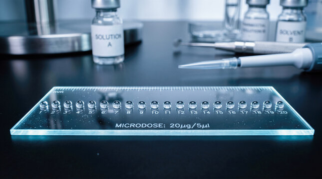 exact microdose liquid drops arranged across scientific glass slide precision laboratory equipment pharmaceutical research test medical background modern chemical analysis technology setup