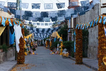 Obraz premium Blue paper banners and orange flower arches decorating a festive street for cultural celebrations, travel brochures and holiday event promotions with village scenery