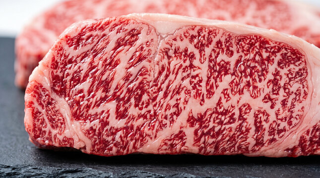 Extreme macro photography highlighting incredible fat marbling texture within premium raw wagyu beef steak resting on dark slate board for luxury culinary preparation