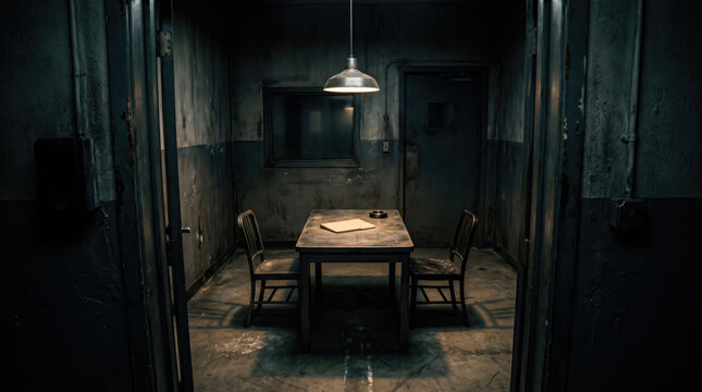 Dark abandoned interrogation room with table and chairs in police station