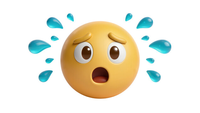 Scared yellow emoji face with wide eyes and open mouth surrounded by water drops