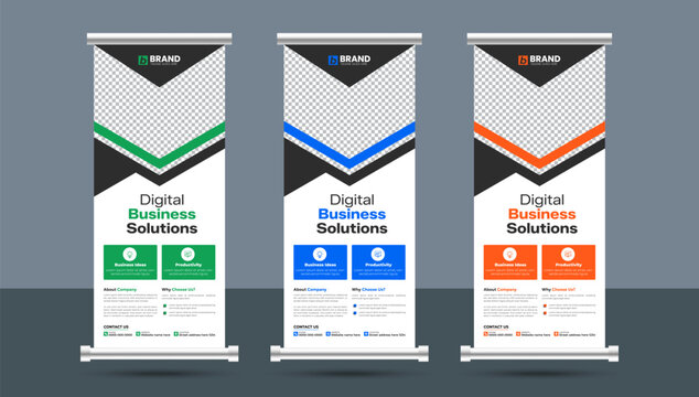 Modern and minimal business roll up standee or x banner design layout template. Modern corporate vertical rollup, pull up, flag-banner, exhibition display, x-stand design.