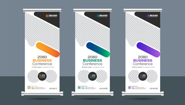 Minimal and clean business conference roll up standee or x banner design layout template. Creative modern vertical rollup, pull up, flag-banner, exhibition display, x-stand design.