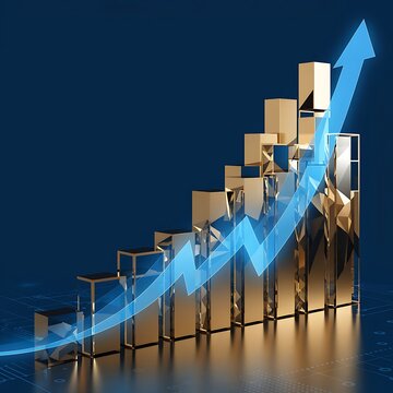 3D render of financial bar chart showing steady growth with a dynamic glowing blue trend line on a dark background business investment analysis corporate statistics strategy planning