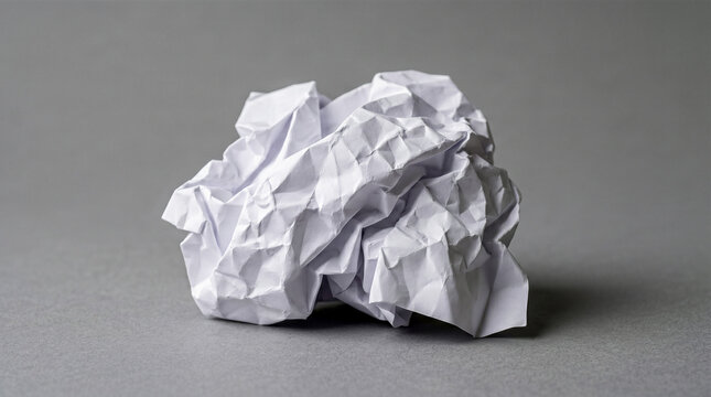 Crumpled white paper ball resting on smooth grey background representing creative block frustration brainstorming failure mistake discarded document draft rubbish waste